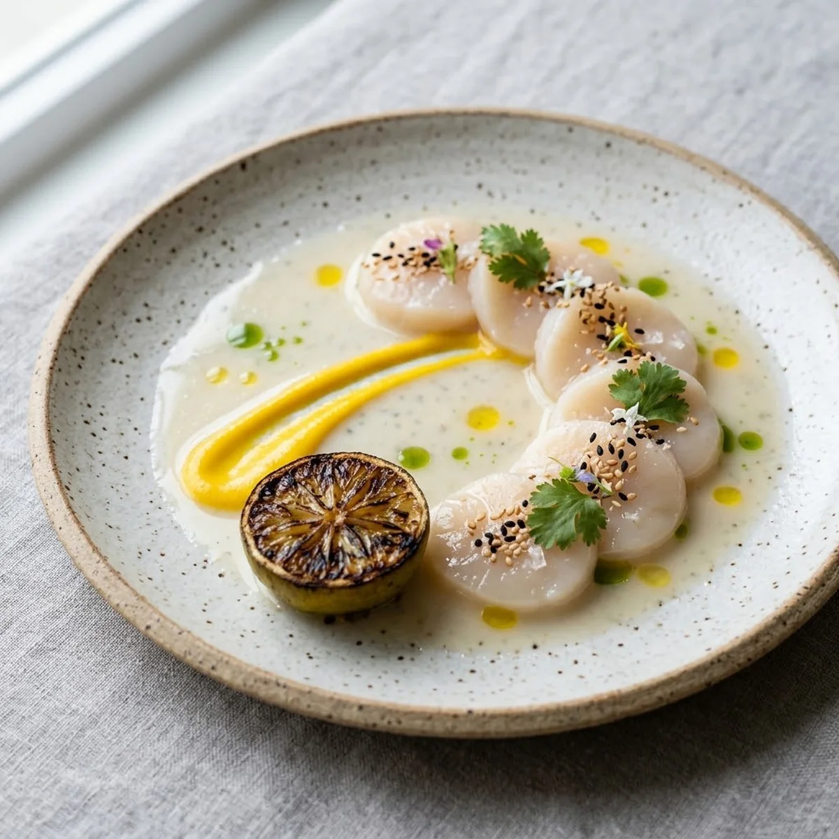 Tiradito de Vieiras — plated on speckled stoneware
